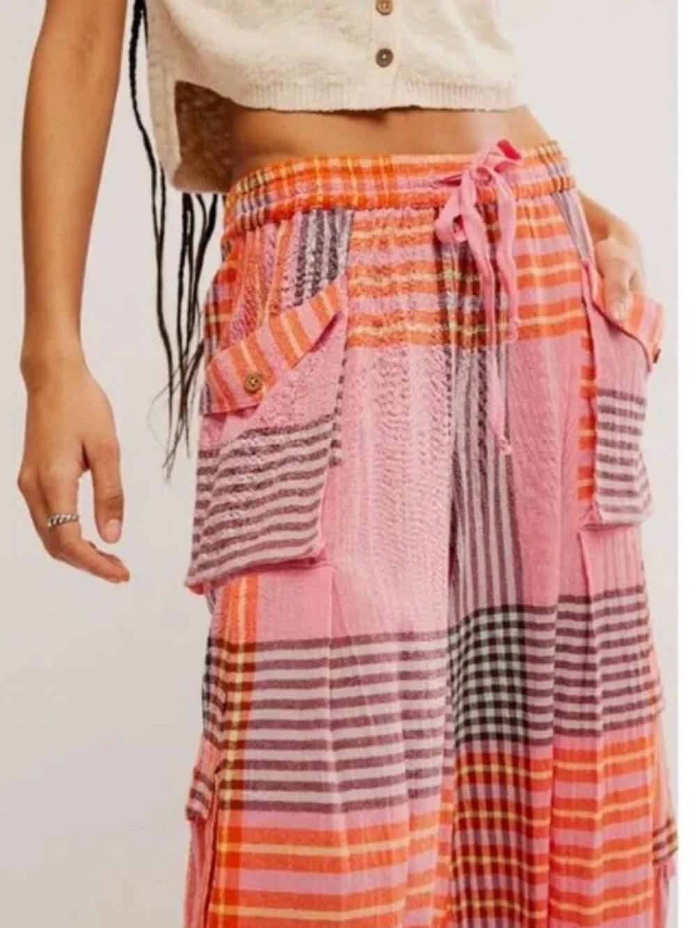 Free People Crafted Plaid Cargo Pants Pink Combo Womens Small NEW Cotton